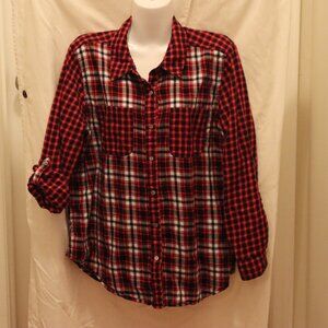 Intro. Red/Black/White Flannel Button Up top Size L 100% Cotton
